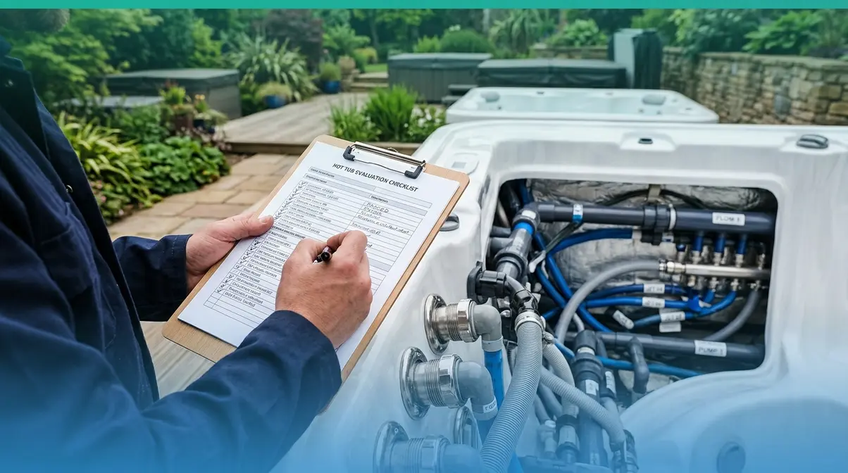 Hot tub reviewer assessing jet fittings and specifications during hands-on evaluation