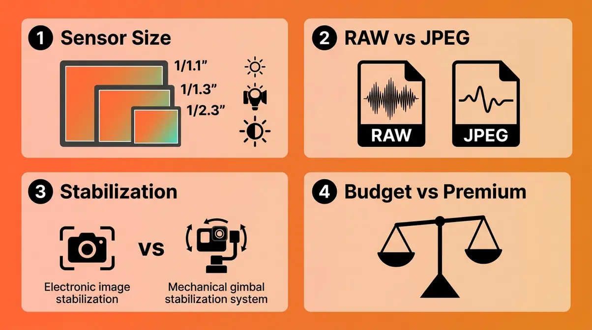Action camera photography buying guide covering sensor size, RAW support, stabilization, and budget considerations