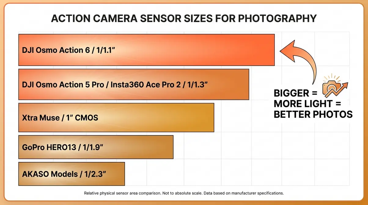 Chart comparing action camera sensor sizes from 1/1.1 inch to 1/2.3 inch for photography quality reference