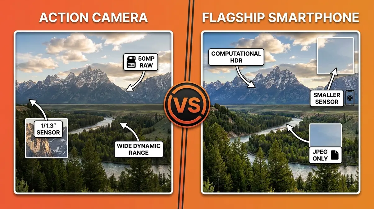 Side-by-side infographic comparing best action cameras for photography versus flagship smartphone still photo quality