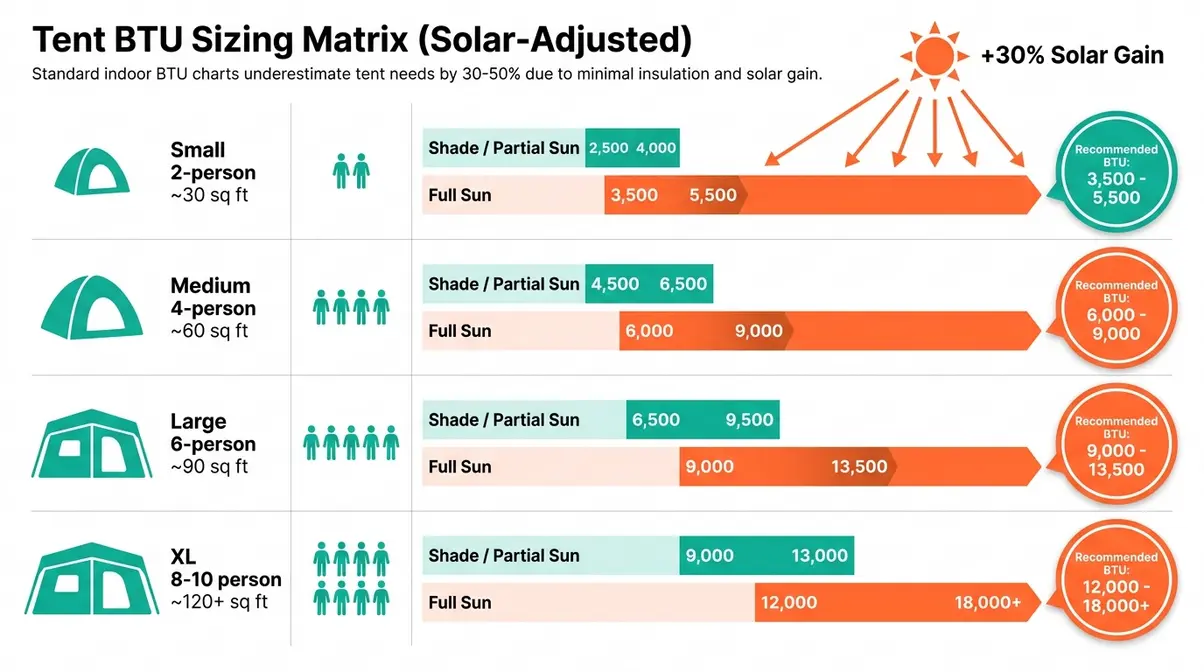 Tent BTU sizing matrix chart showing solar-adjusted BTU requirements for tent camping from 2-person to 10-person tents