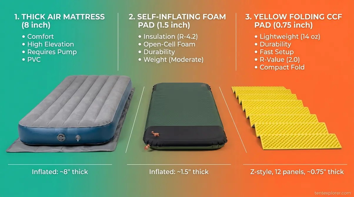 Comparison of thick air mattress, self-inflating pad, and closed-cell foam for camping