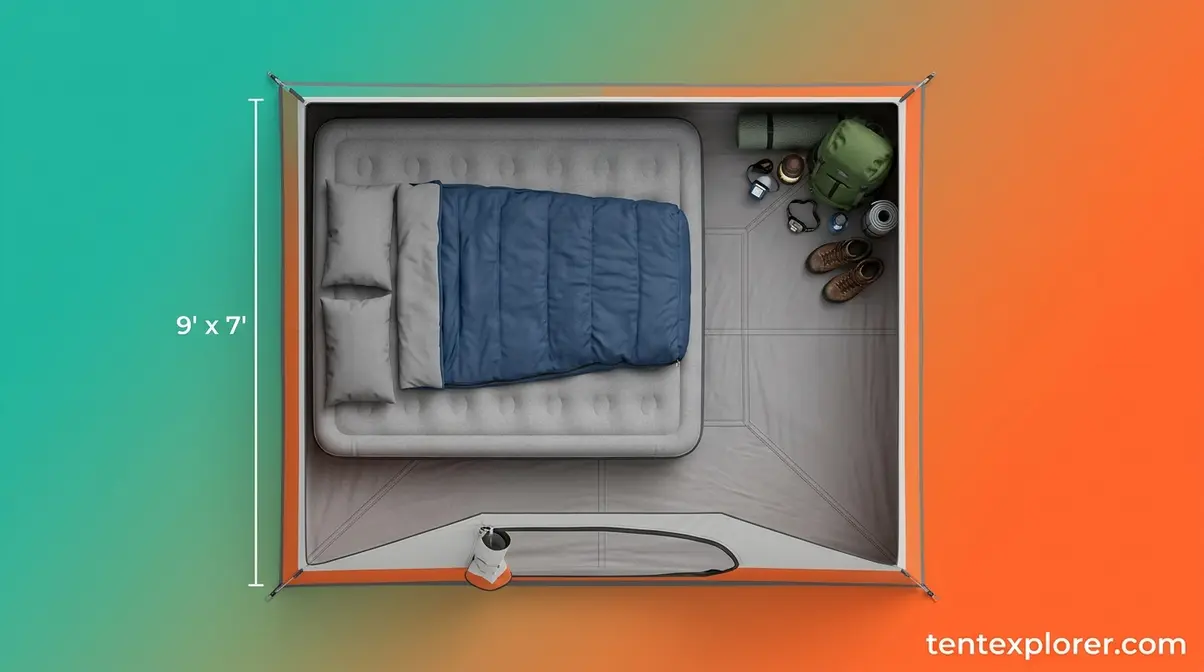 Queen size air mattress floor plan fitting inside a standard four-person camping tent