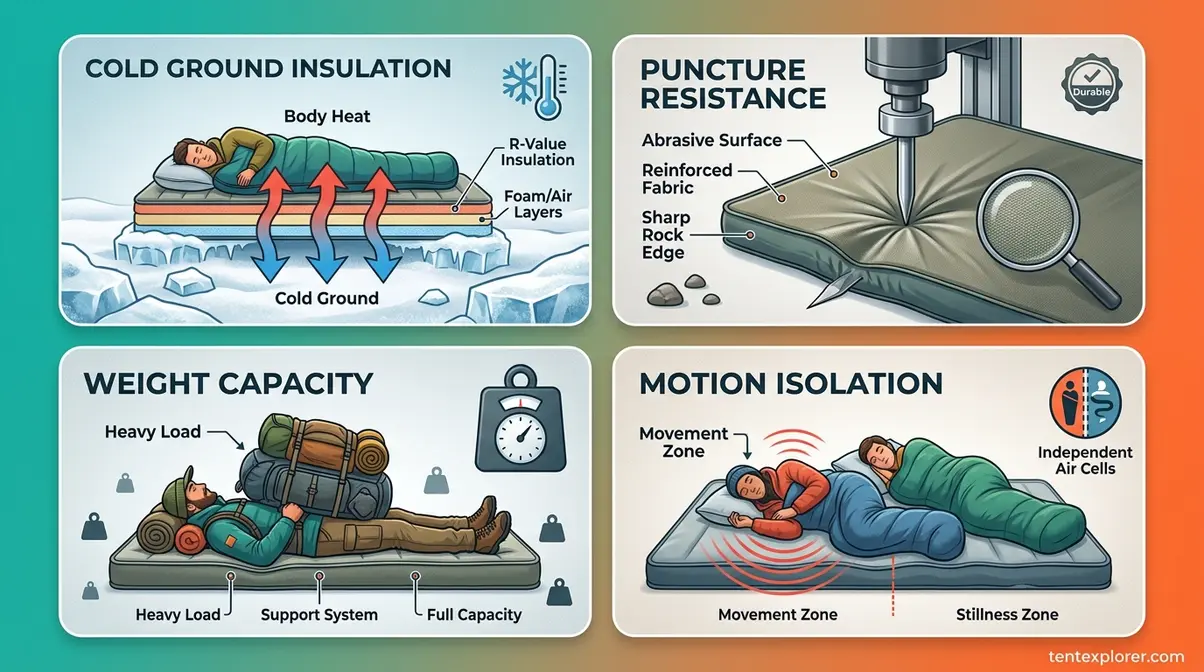 Four factor tent test for camping mattresses showing insulation, puncture resistance, and capacity