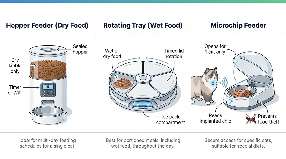 Comparison infographic of hopper feeder, rotating tray feeder, and microchip feeder types for UK cat owners