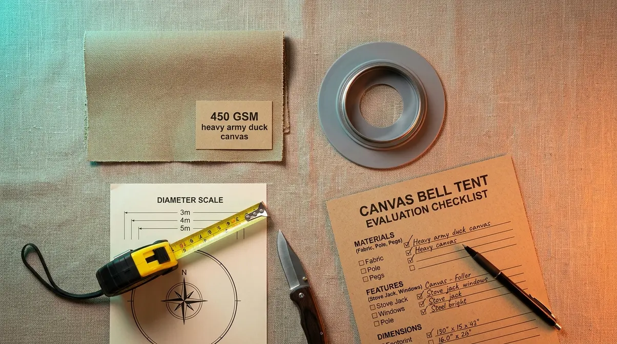 Bell tent evaluation methodology showing canvas swatch, measuring tape, stove jack, and checklist