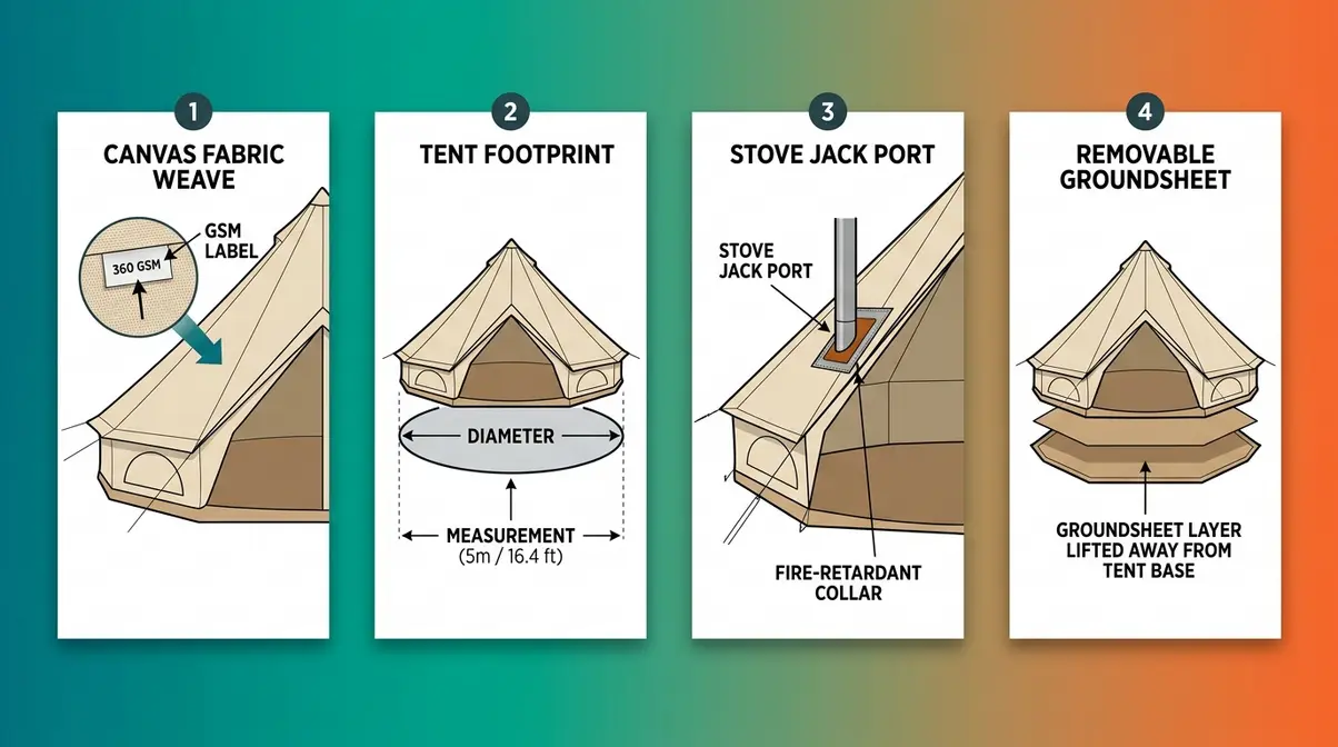 Bell tent buying guide diagram showing canvas GSM, footprint size, stove jack, and groundsheet options