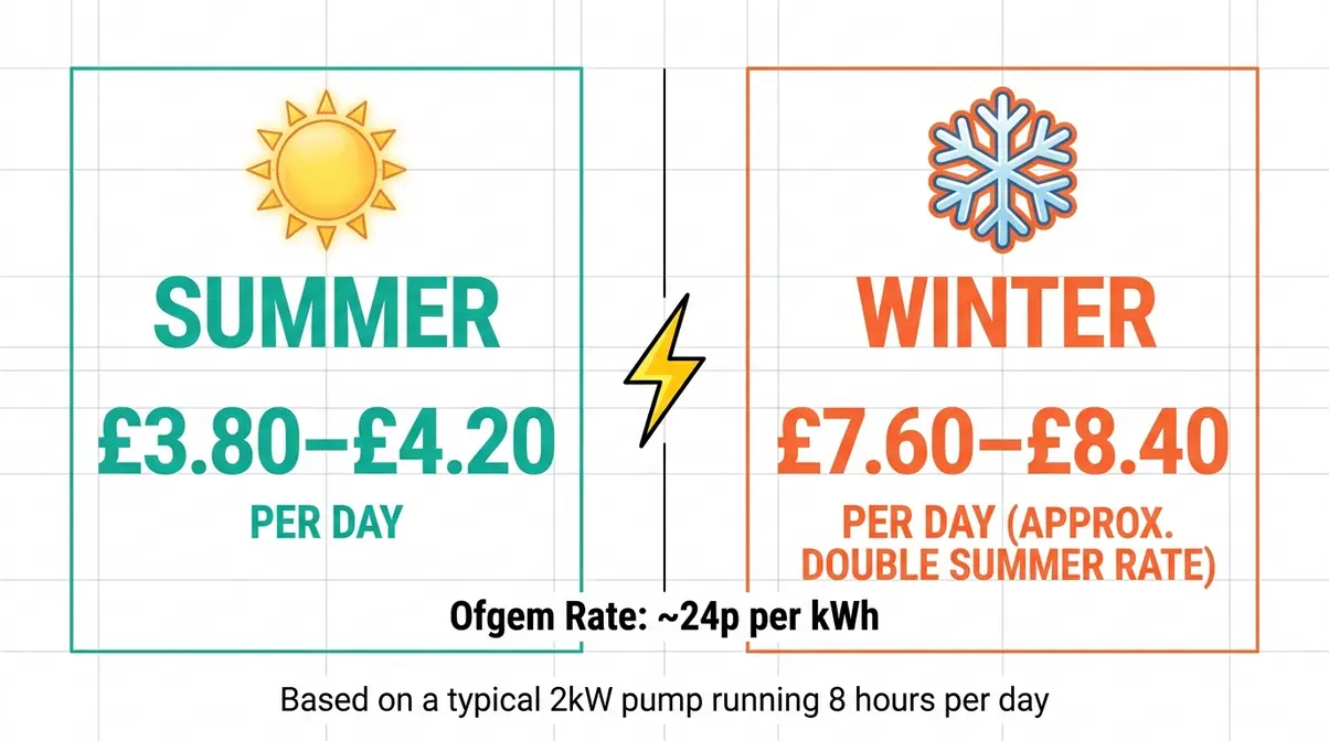 Infographic comparing inflatable hot tub daily running costs in summer versus winter at UK Ofgem electricity rates