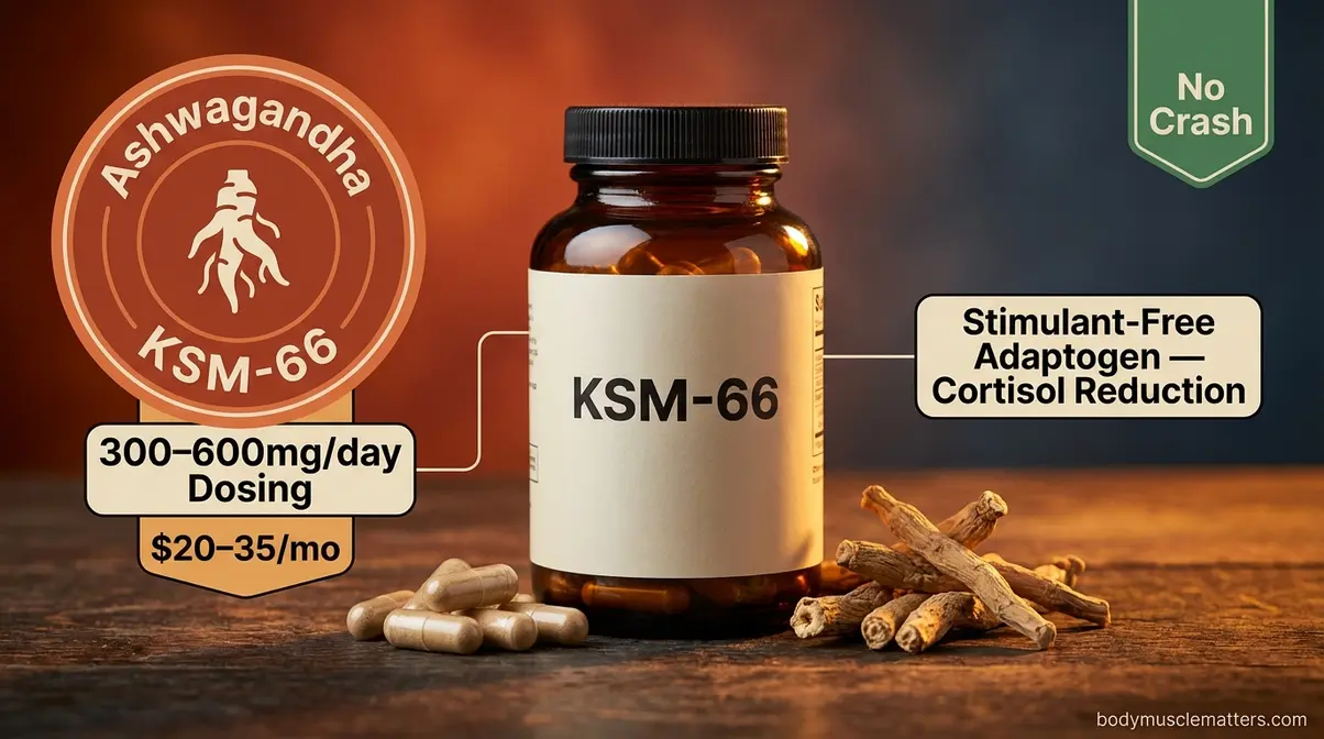 Ashwagandha KSM-66 supplement bottle with capsules and dried ashwagandha root for stimulant-free bodybuilding energy