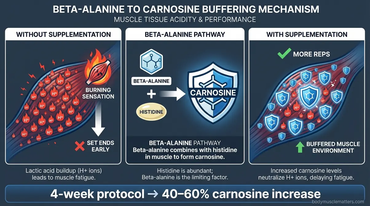 Infographic explaining how beta-alanine increases carnosine levels to buffer lactic acid buildup during high-intensity bodybuilding workouts