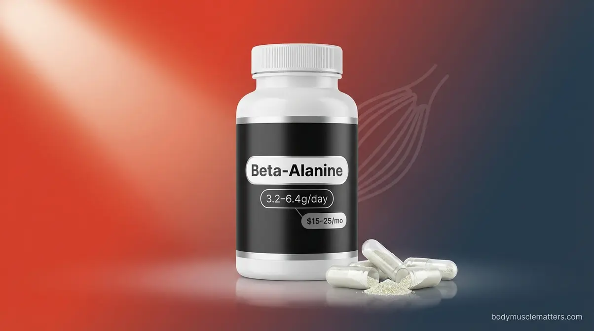 Beta-alanine capsule supplement bottle for reducing muscle fatigue and buffering acid buildup during bodybuilding sets