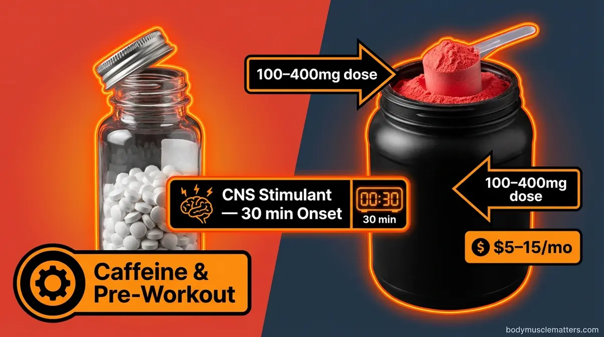 Caffeine pills and pre-workout powder supplement for immediate bodybuilding energy boost within 30 minutes