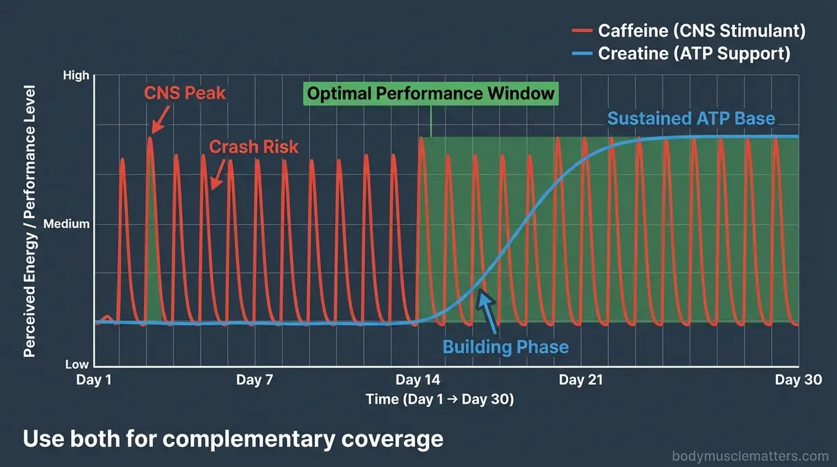 Chart comparing caffeine energy spike and crash versus creatine steady-state ATP production for bodybuilding workouts