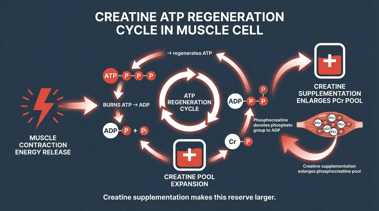 Diagram showing how creatine replenishes ATP in muscle cells during high-intensity bodybuilding exercises