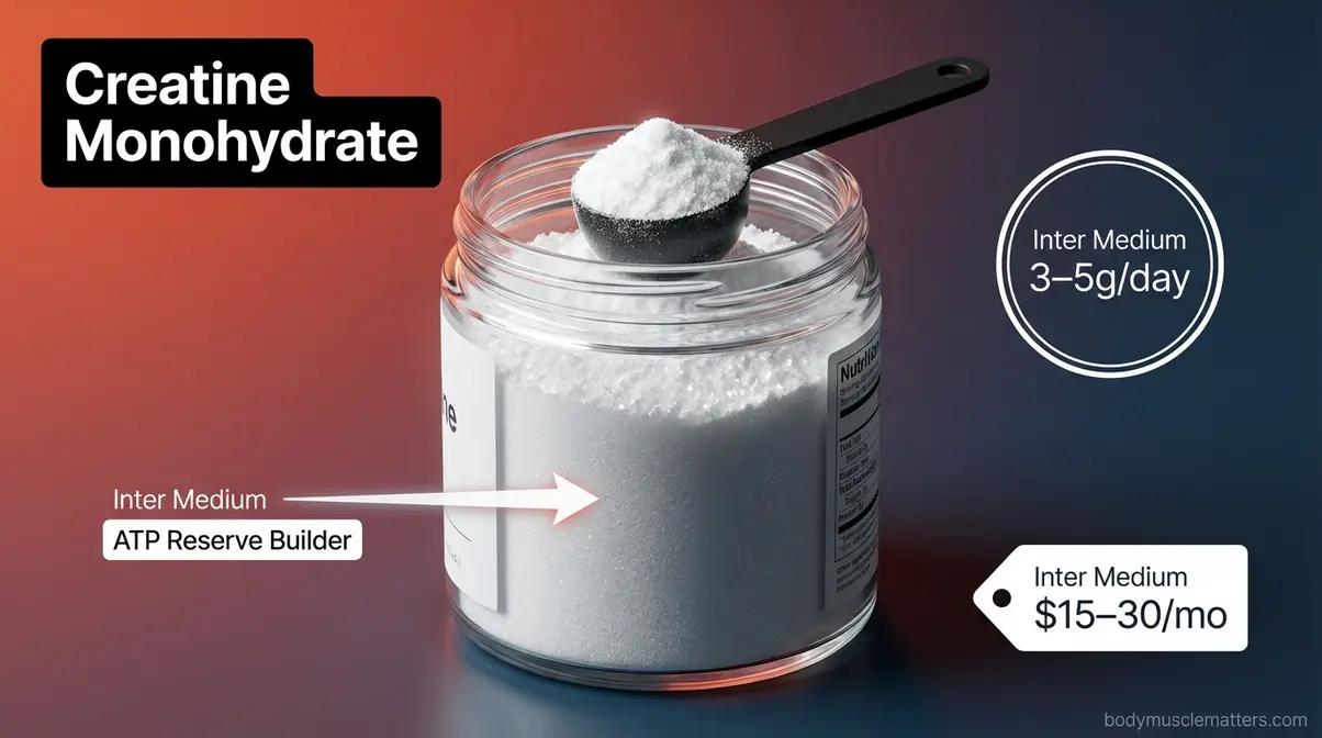 Creatine monohydrate powder in glass jar with 5g scoop for bodybuilding energy and ATP production