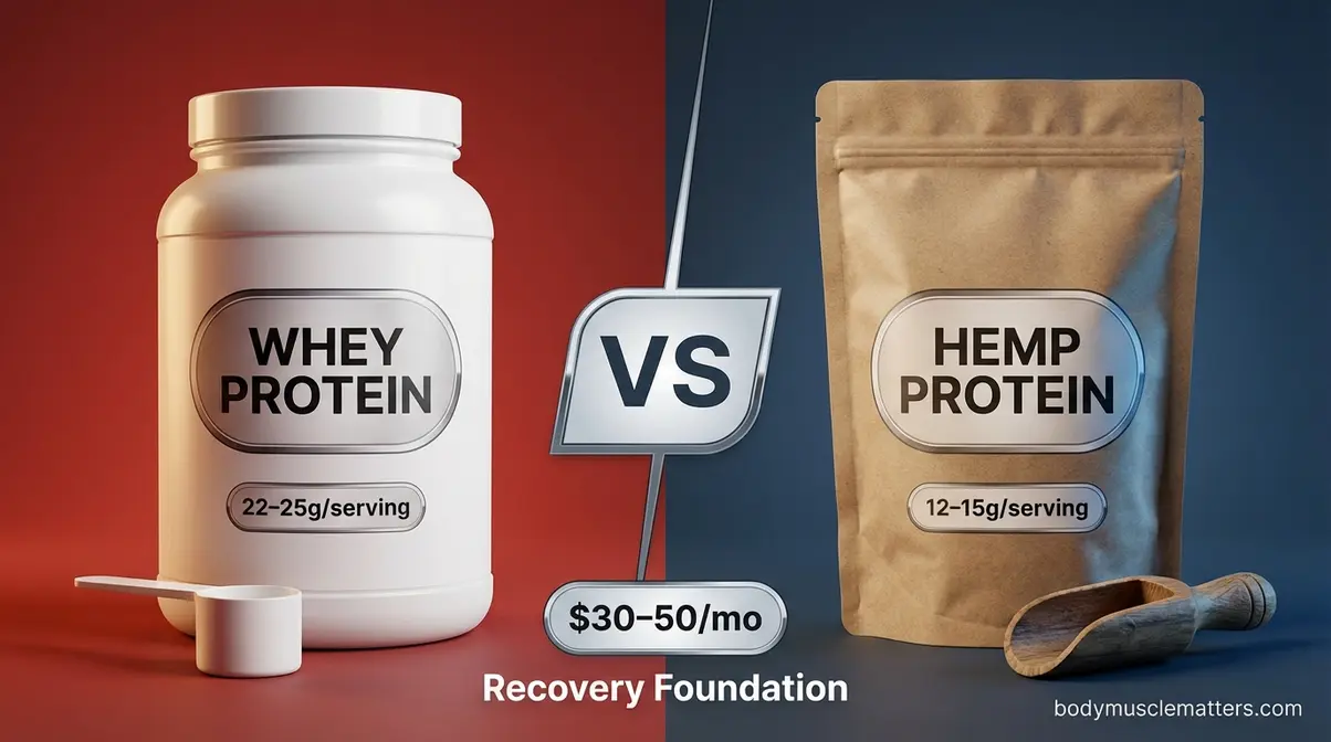 Whey protein tub and hemp protein bag side by side for bodybuilding recovery and muscle protein synthesis comparison