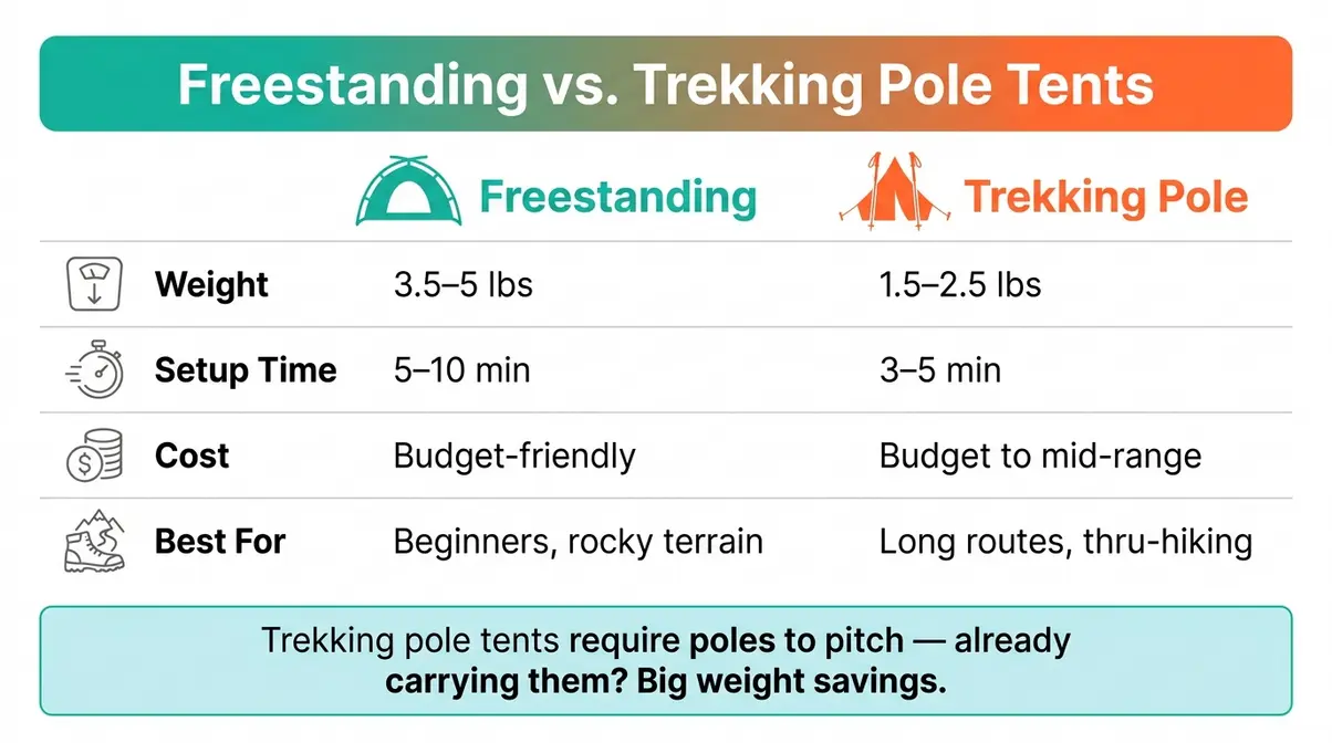 Infographic comparing freestanding vs trekking pole backpacking tents by weight, setup time, cost, and use case