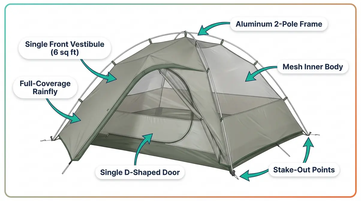 Kelty Grand Mesa 2P tent diagram with labeled vestibule, rainfly, and aluminum pole structure