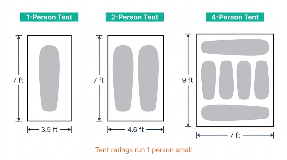 Side-by-side floor plan comparison of 1-person, 2-person, and 4-person backpacking tent sizes in feet