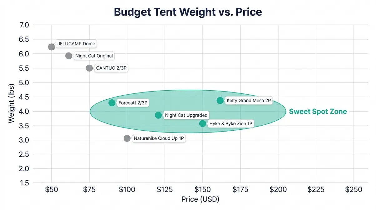 Scatterplot of best budget backpacking tent weight in pounds versus price with sweet-spot zone highlighted