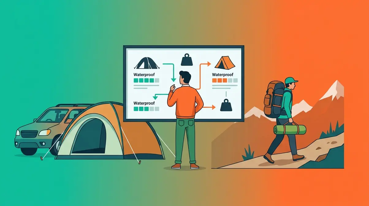 Budget tent buying guide illustration comparing car camping and backpacking tent options