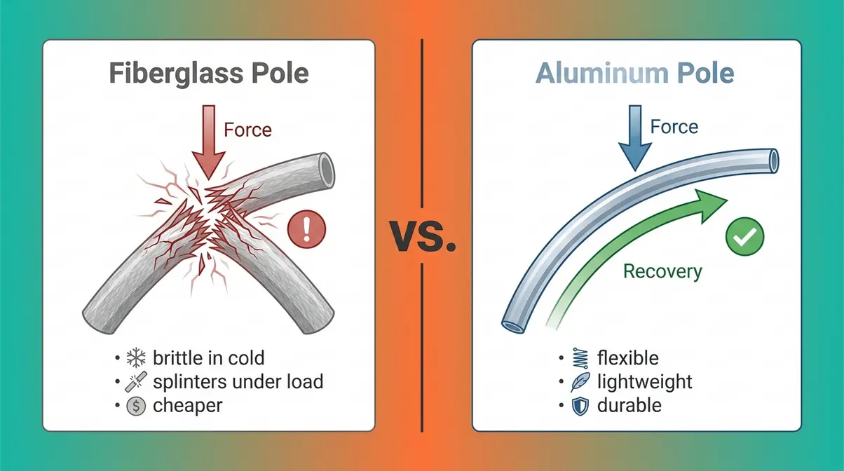 Diagram comparing fiberglass pole splintering versus aluminum pole flexibility in budget camping tents