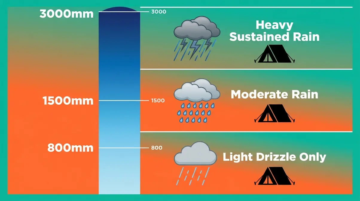 Hydrostatic head rating scale from 800mm light drizzle to 3000mm heavy rain for budget tents