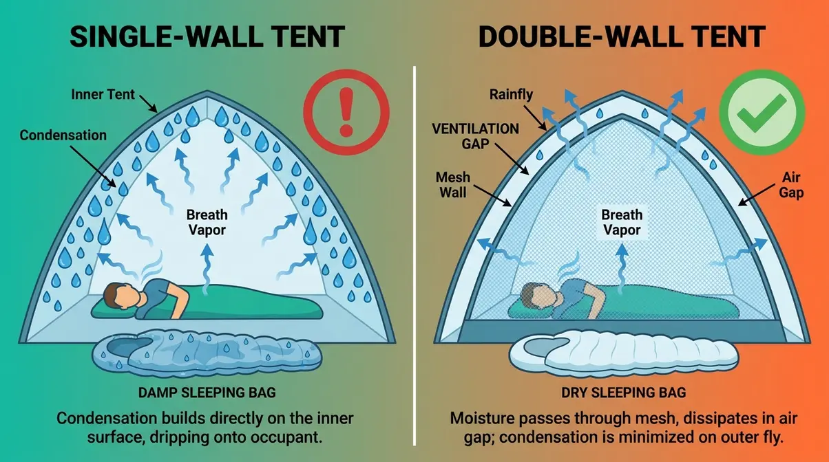 Side-by-side comparison of condensation buildup in single-wall versus double-wall budget camping tents
