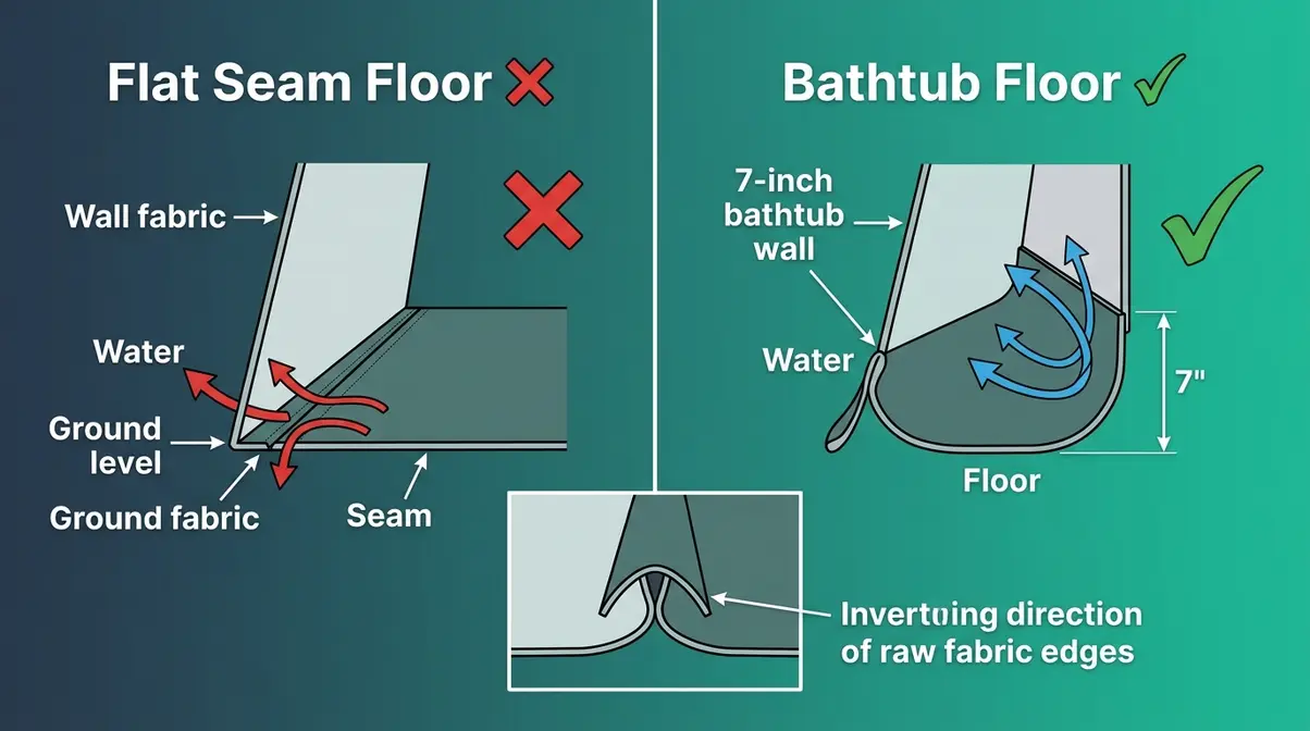 Diagram comparing flat seam tent floor versus bathtub floor construction showing water resistance difference