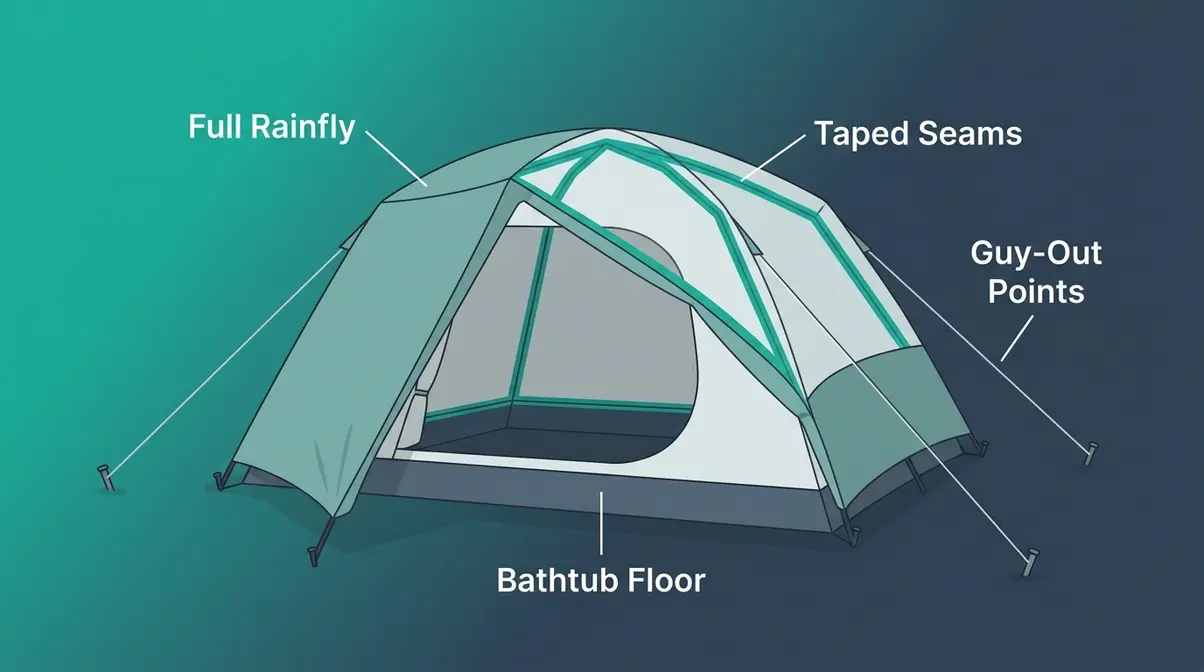 Technical illustration of key waterproofing features on a cabin tent including rainfly bathtub floor and seams