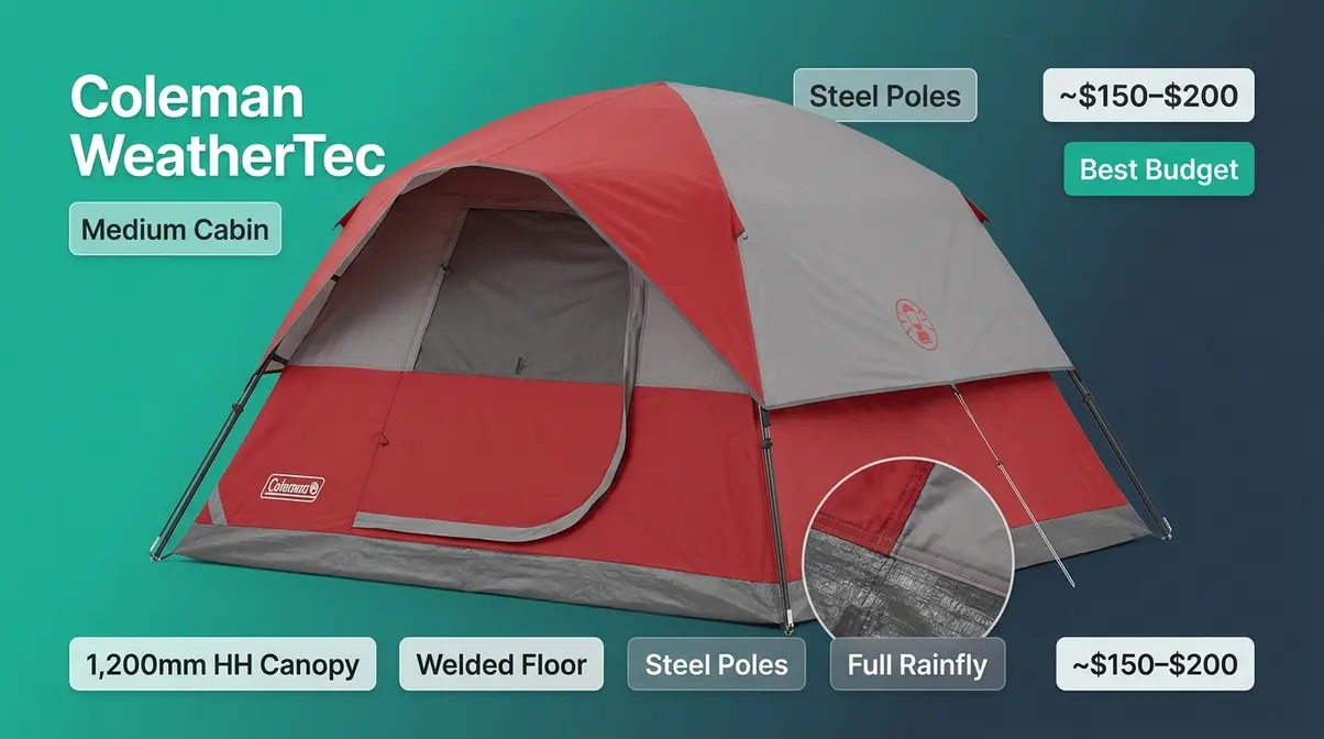 Coleman WeatherTec Cabin Tent with welded floor rated best budget pick for rain camping