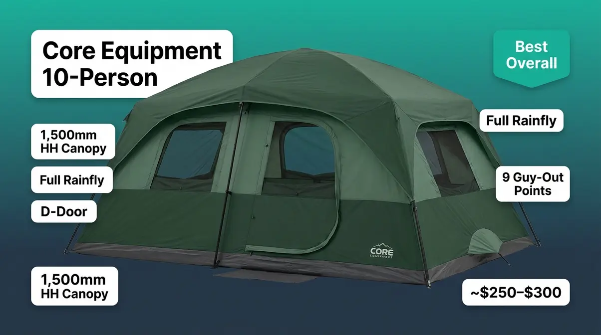 Core Equipment 10-Person Cabin Tent with full-coverage rainfly rated best overall for rain camping