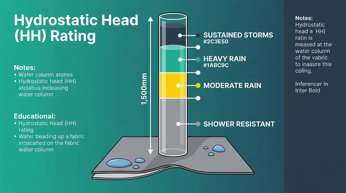 Illustration showing hydrostatic head rating water column measurement on tent fabric with four rain resistance levels