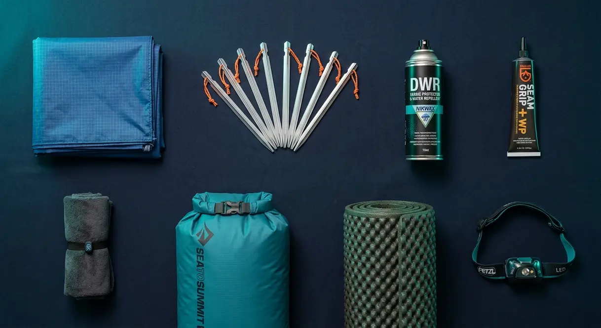 Essential rain camping accessories flat lay including tarp stakes DWR spray seam sealer and dry bags