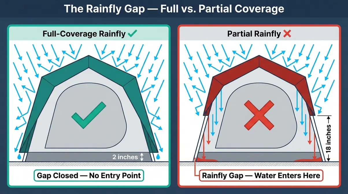 Diagram showing The Rainfly Gap — full vs. partial rainfly coverage on cabin tents