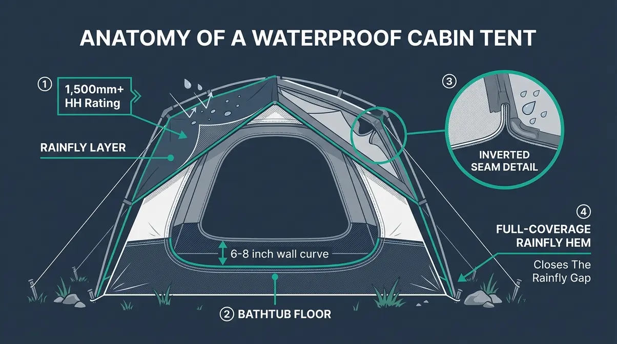 Infographic showing anatomy of waterproof cabin tent with HH ratings bathtub floor and inverted seams labeled
