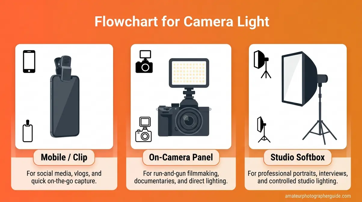 Camera light buying guide comparing clip lights, on-camera panels, and studio softboxes by use case