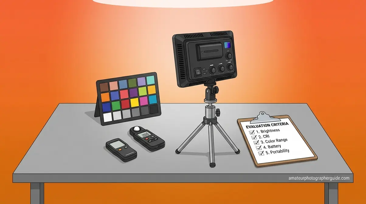 Camera light evaluation setup showing color checker, lux meter, and LED panel used in testing