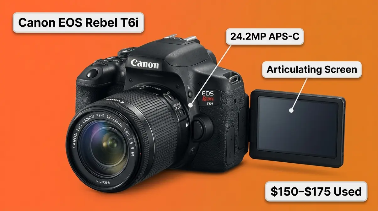 Canon EOS Rebel T6i DSLR with 24.2MP APS-C sensor and articulating touchscreen shown open