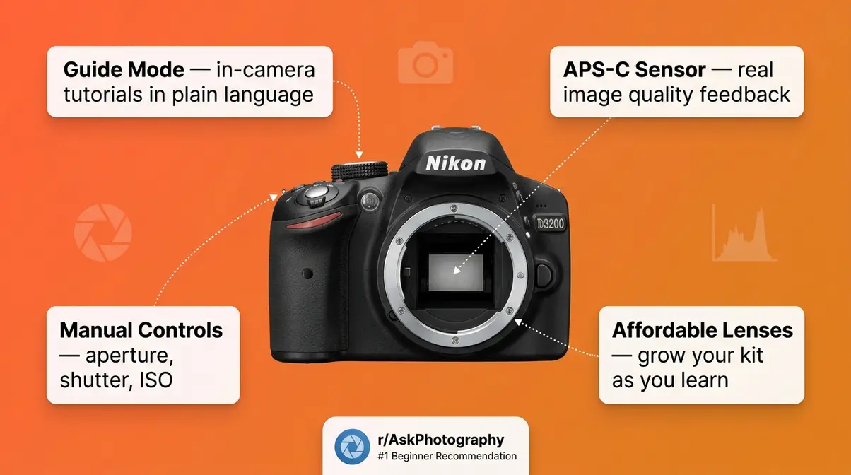 Educational illustration showing Nikon D3200 DSLR as the best camera for learning photography under $200