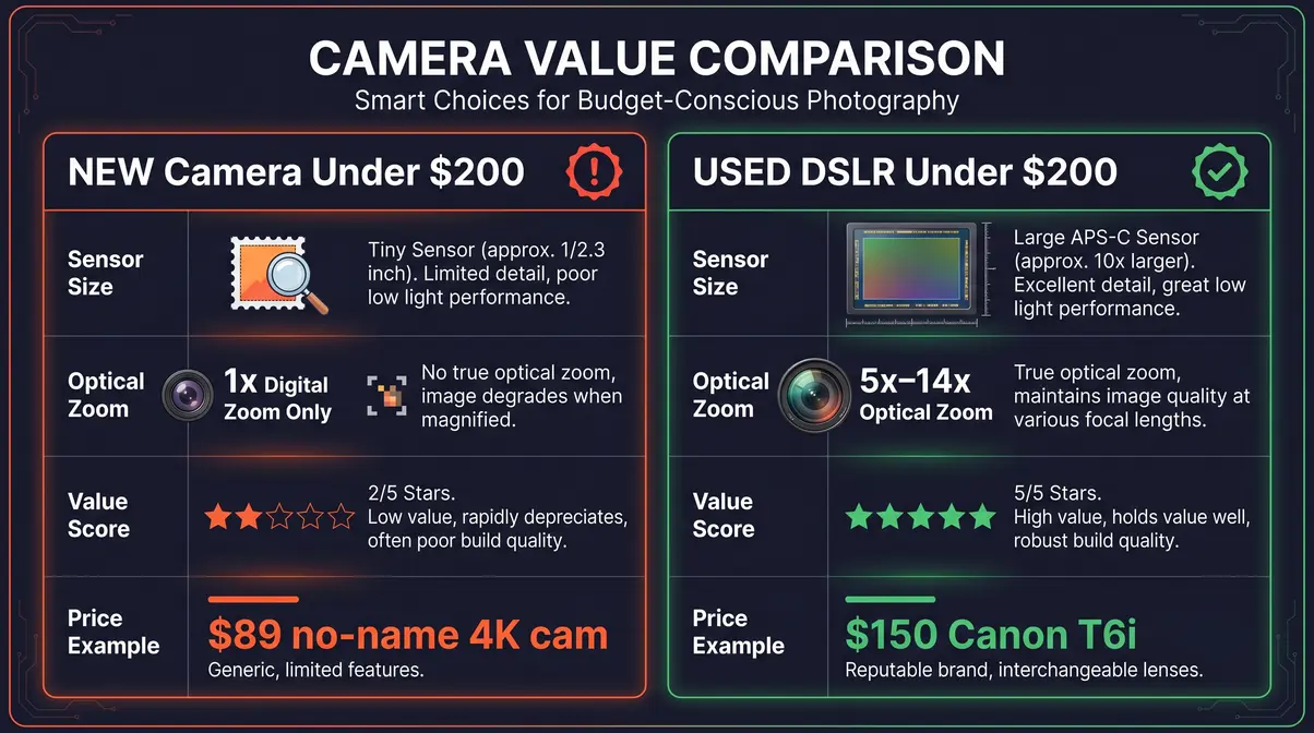 Infographic comparing new versus used cameras under $200 by sensor size, zoom range, and value score