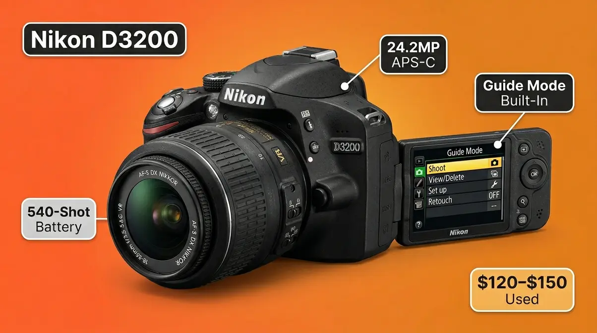 Nikon D3200 DSLR with 24.2MP APS-C sensor showing Guide Mode on rear LCD screen