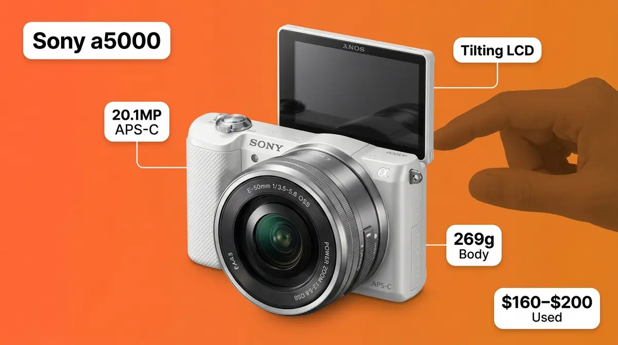 Sony a5000 compact mirrorless camera with 20.1MP APS-C sensor and tilting LCD screen open