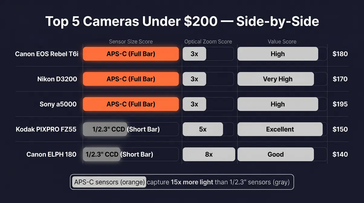 Comparison chart of top five budget cameras under $200 showing sensor size, zoom range, and price