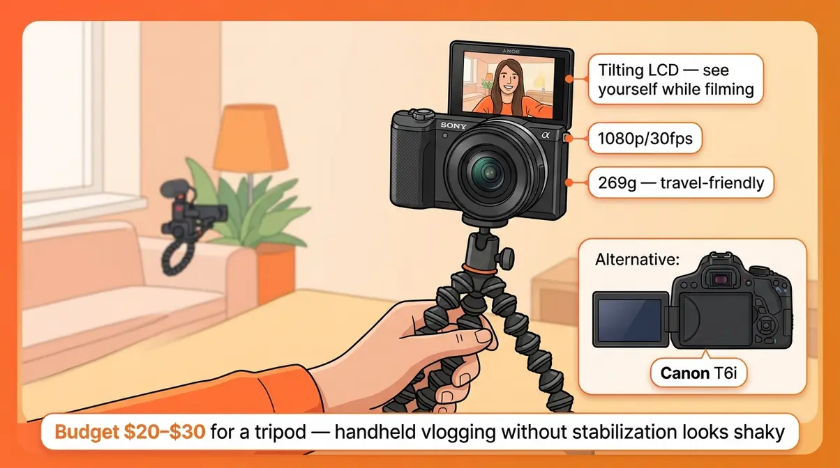 Sony a5000 mirrorless camera on gorilla-pod tripod with tilting LCD for vlogging under $200