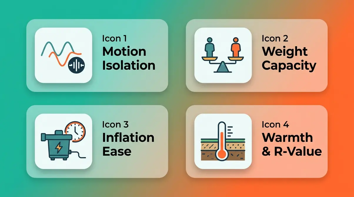 Four evaluation criteria icons for couples camping air mattress testing — motion isolation, weight, inflation, warmth