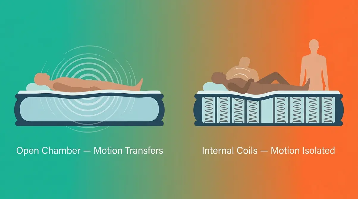 Side-by-side diagram comparing open-chamber versus internal-coil air mattress motion isolation for couples
