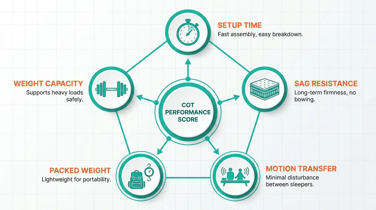 Infographic diagram of five camping cot evaluation criteria: setup time, sag resistance, motion transfer, packed weight, and weight capacity