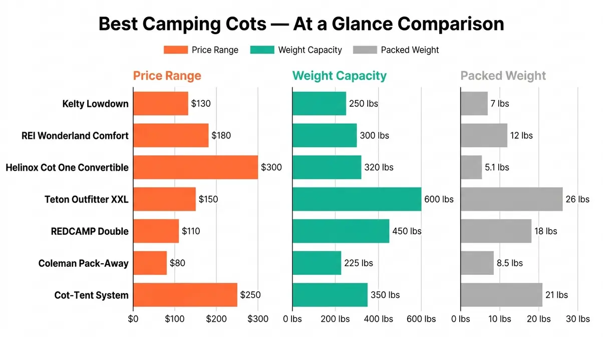 Visual comparison chart of seven best camping cots showing price range, weight capacity, and packed weight side by side