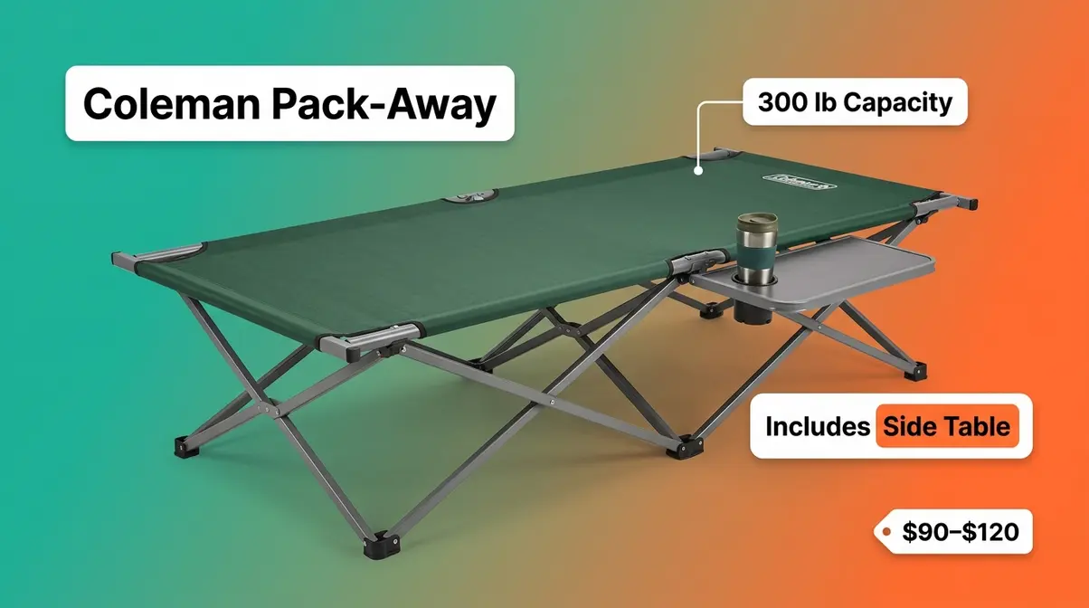 Coleman Pack-Away Cot product image showing steel frame and removable side table with cup holder
